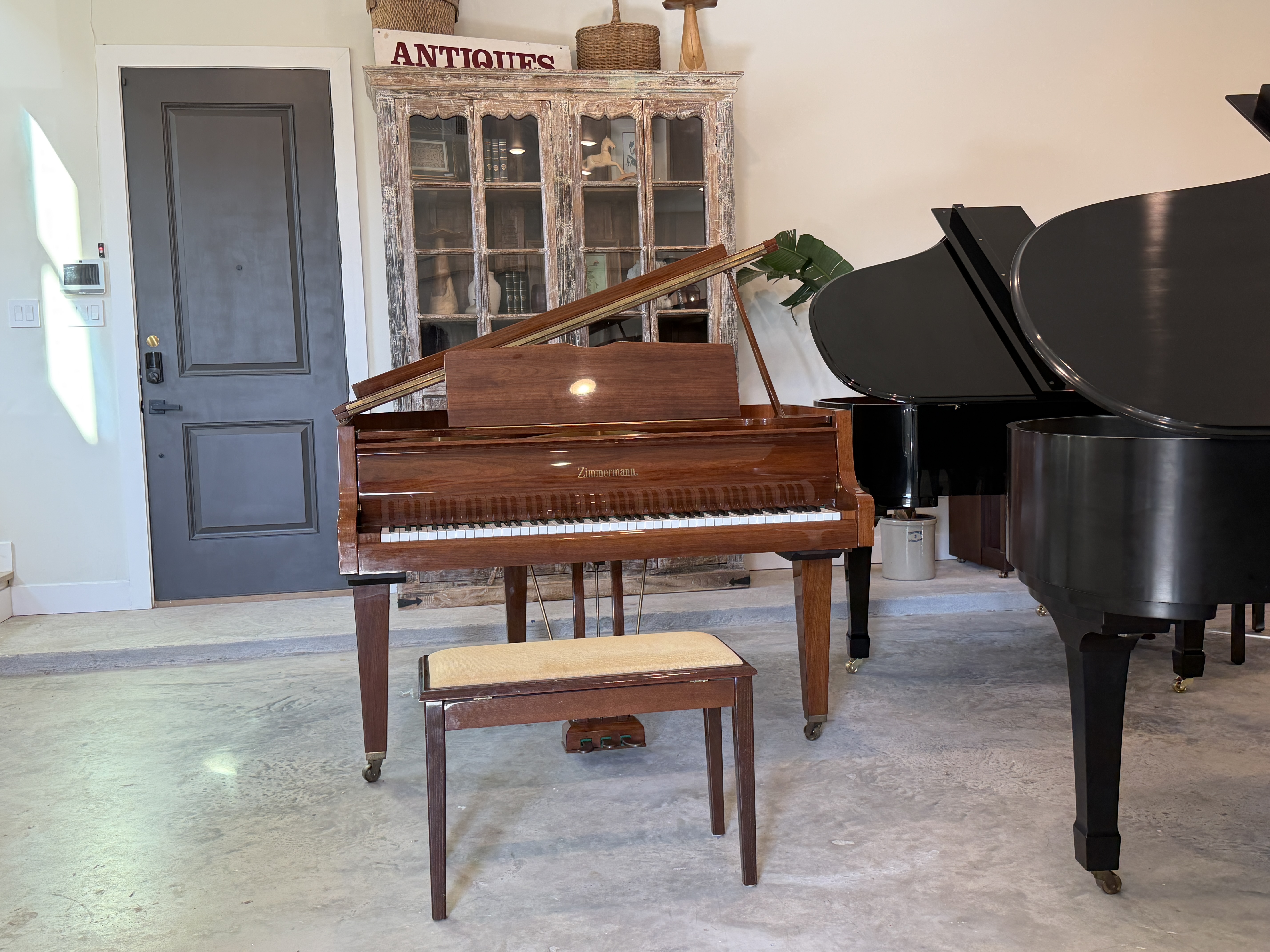 Comes with matching bench, mahogany polyester finish